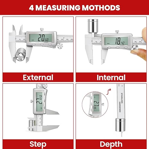 Digital Caliper 6 Inch, Rechargeable Calipers Tool with Backlight LCD Screen, Stainless Steel Caliper Measuring Tool, Auto-Off Micrometer, Inch/MM/Fraction Conversion for 3D-Printing/DIY/Household