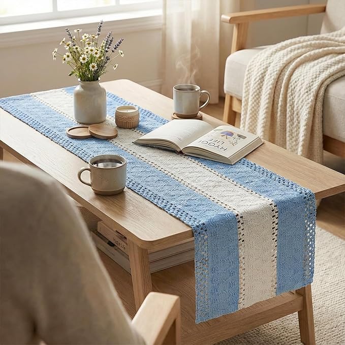 Artoid Mode Sky Blue Farmhouse Rustic Table Runner, Seasonal Hollow Kitchen Dining Table Decoration for Home Party Decor 12x108 Inch