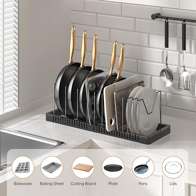 PanPanPal Pots and Pans Organizer under Cabinet, Expandable Pot Lid Organizer Holder with 12 Adjustable Compartment, Pan Organizers inside Cabinet for Lids, Bakeware, Kitchen Storage Pot Rack, Black
