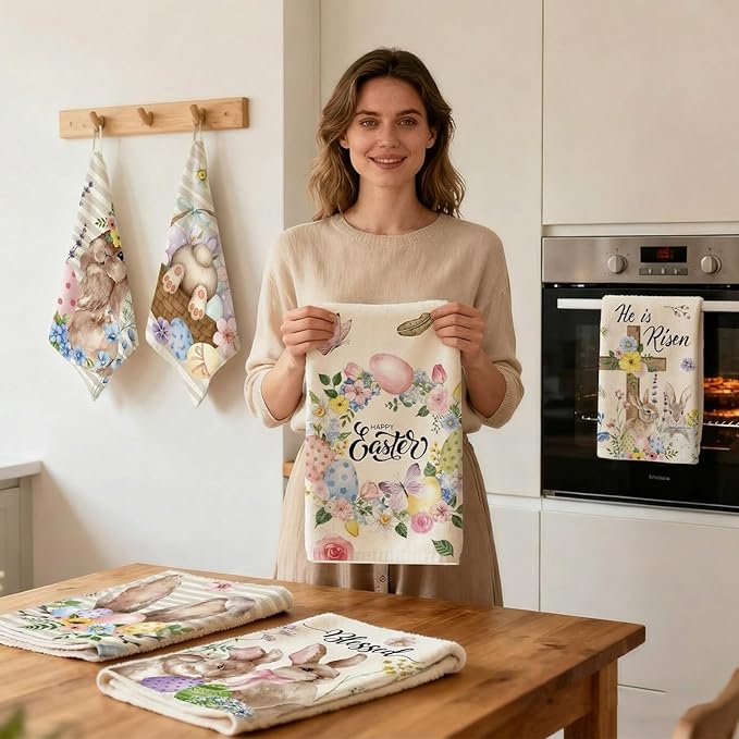 Breling Set of 6 Easter Decorations Happy Easter Kitchen Towels Rabbit Dish Towel Bathroom Decorative He is Risen Religious Christian Hand Cloths for Home Decorations Spring, 14 x 21 Inch