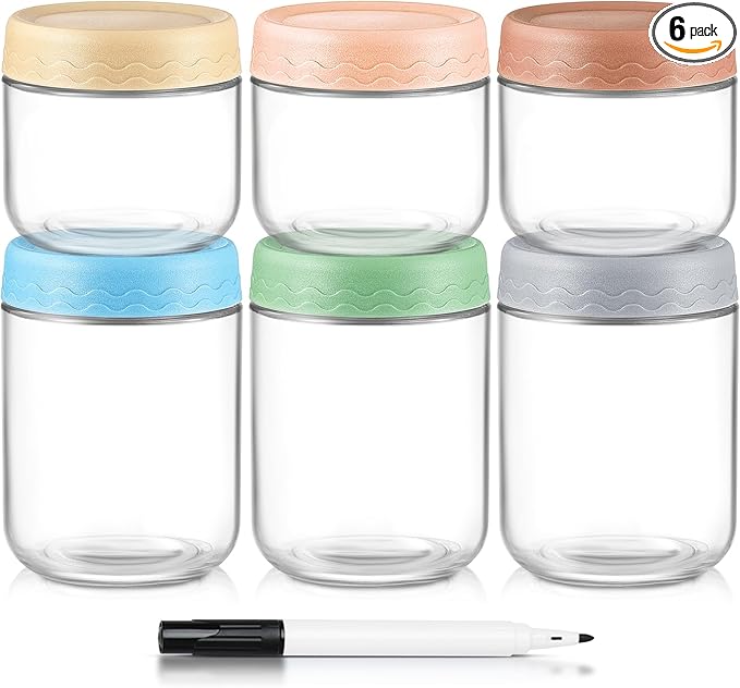 DRKIO 10 & 16 Oz Overnight Oats Containers with Lids - 6 Pack Glass Storage Jars with Airtight Lids Wide Mouth Mason Food Jars Great for Meal Prep Salad Chia Puddirg Snacks Yogurt Sugar Spice Cereal