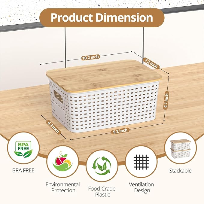 Plastic Storage Baskets with Bamboo Lids, Stackable Small Box Bins for Organizing and Containers for Shelves Drawers Desktop Closet Pantry Classroom Office Home, 6 Pack 10.2x7.2x4.1 Inch, White