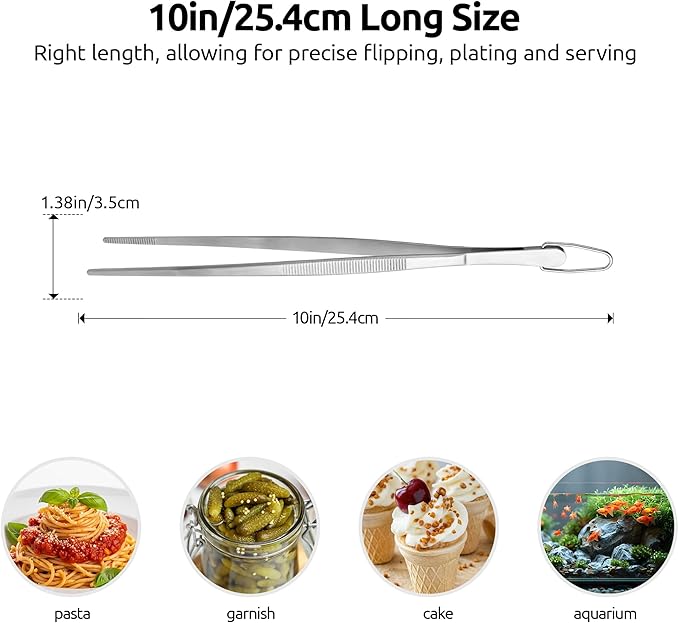 U-Taste 10in Kitchen Cooking Tweezer: 18/8 Stainless Steel Food-Grade Metal Food Tong, Seamless-Welding, Sturdy, Flexible and Non-Slip for Pasta Salad Serving, Grilling, Frying, Baking (Pointed Tip)