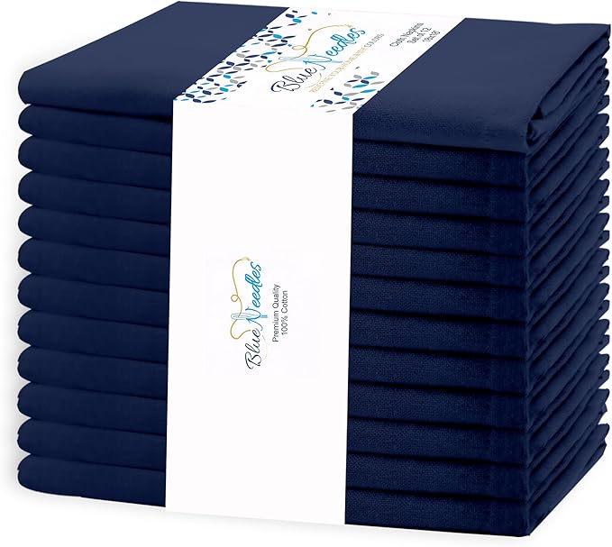 Blue Needles Solid Cloth Napkins Set of 12 Navy Blue 100% Cotton Dinner Napkins 18x18 inches - Soft, Reusable, Absorbent & Washable Linen, Ideal for Spring Summer Easter Events Parties & Everyday Use