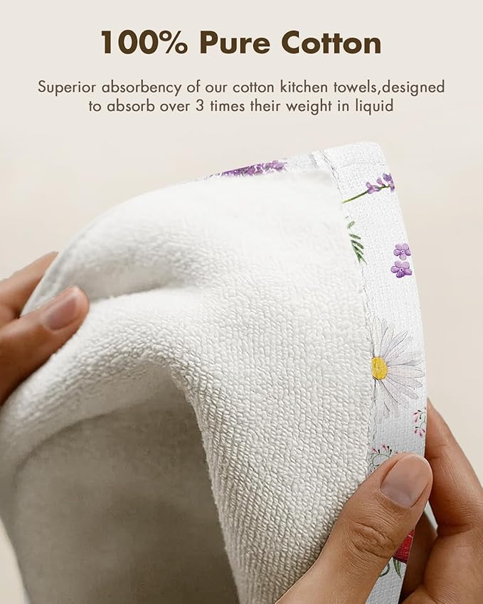 Miss Adola 2pcs Waffle Kitchen Towels - 16x26 Inch Cotton Waffle Weave Dish Cloths Set of 2 with Hanging Loop Absorbent Hand Tea Towels Elegant Design for Housewarming Gift, Wildflower