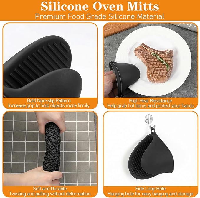 12 Pack Silicone Trivet Mats Hot Pads with Silicone Oven Mitts Non Slip Pot Holders Heat Resistant Trivet Pads Cooking for Kitchen Counter Table Placemats (Black)