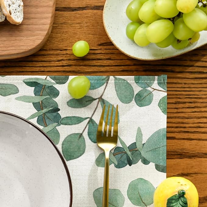Artoid Mode Eucalyptus Leaves Summer Placemats for Dining Table, 12 x 18 Inch Spring Seasonal Holiday Rustic Vintage Washable Table Mats Set of 4 Green
