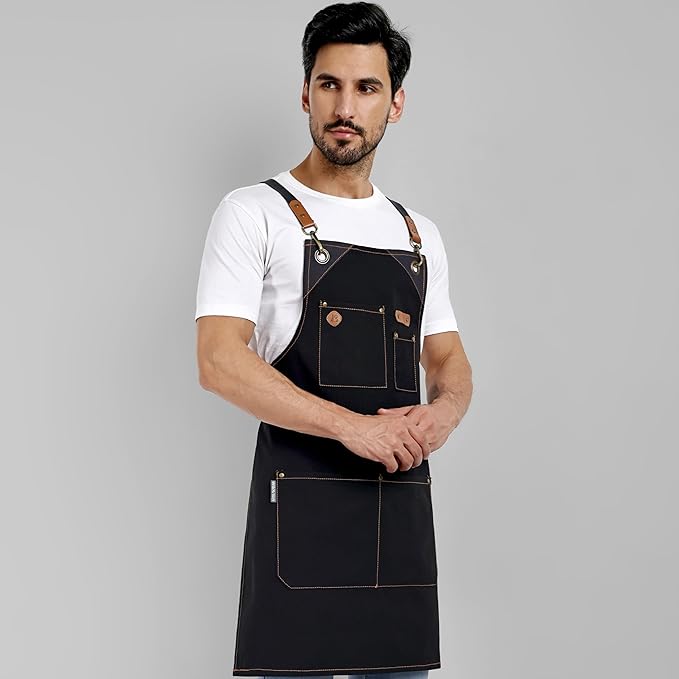 Chef Apron, Recycled Cotton Kitchen Apron with an Adjustable Neck with Long Ties, for cooking, baking