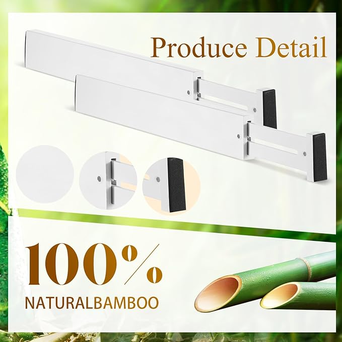 Sawysine 12 Pcs Bamboo Drawer Dividers Adjustable Drawer Organizers Spring Separators Organization Expandable Organizers for Kitchen Bedroom Bathroom Dresser Office (White Color, 22 x 2.4 Inches)