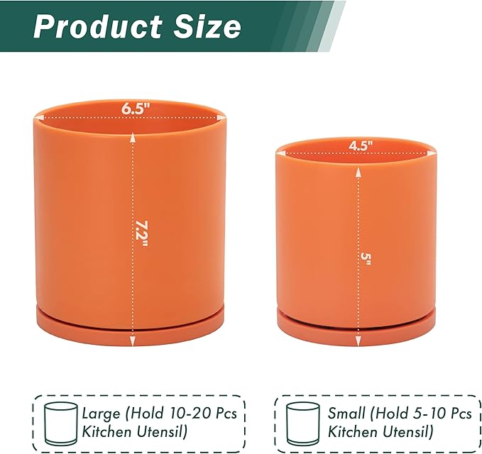 D'vine Dev 360° Rotating Utensil Holder Set – 7.2"+5" Kitchen Utensil Crocks for Countertop, Modern Cooking Tool Organizers for Kitchen Storage +Décor, Pumpkin, Set of 2, 72-Z-E-1