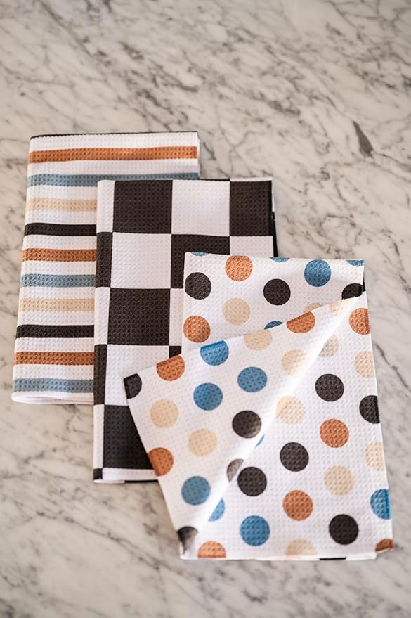 || 3 Pack Double Sided || Kitchen Towels || Dish Towels || Highly Absorbent || Hanging Loop || Dish Cloths || Modern || Designer Prints (dots,Stripes,Checkered)