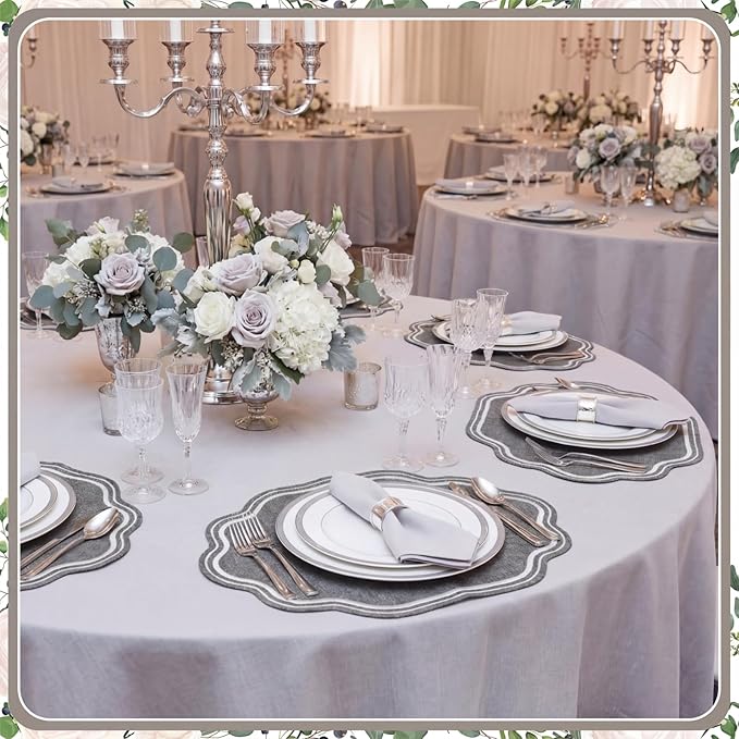 Breling 6 Pcs Wedding Placemats Scalloped Embroidered Cotton Linen Placemats 17" x 13" Double Layered Machine Washable Table Place Mat for Party Table Decor (Gray)
