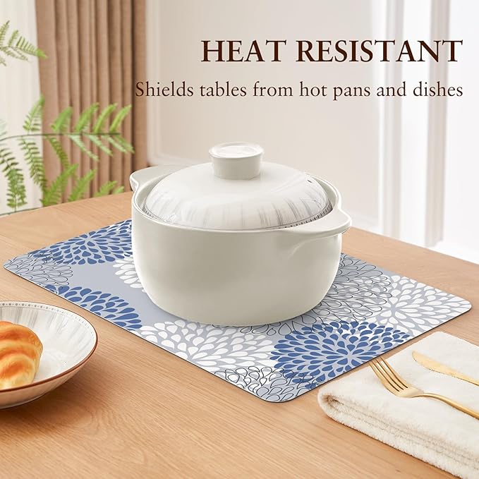 QIYI Placemats Set of 4, 12x18 Inch Faux Leather Place Mats for Kitchen Dinning, Heat Resistant Anti Slip Flower Table Mats, Waterproof Wipeable Washable Placemat Party Table Décor, Blue Floral Burst
