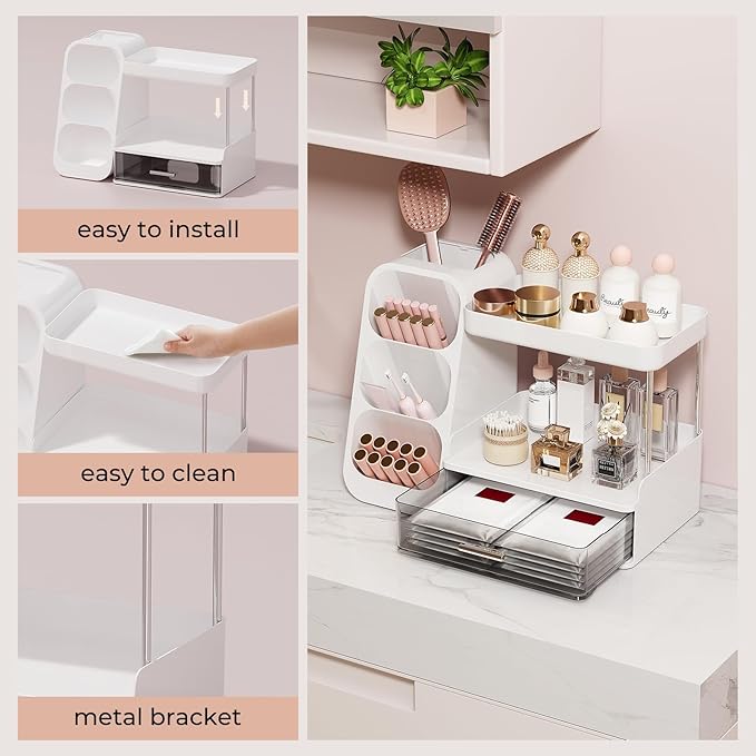 Makeup Organizer for Vanity with Brush Holder, 2 Tiers Countertop Skincare, Cologne Organizer and Perfume Stand for Men Bathroom Vanity, Large Capacity Makeup Storage, Black