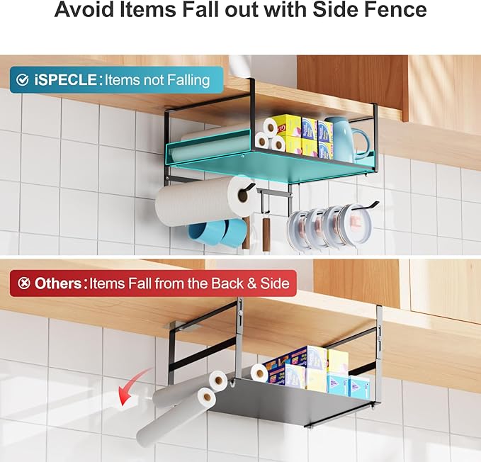 iSPECLE Under Shelf Basket- Multi-Purpose Under Shelf Storage Mug Hooks, Add Extra Storage Space Under Cabinet with Paper Towel Holder and Coffee Cup Hooks, Easy to Get Items, Black
