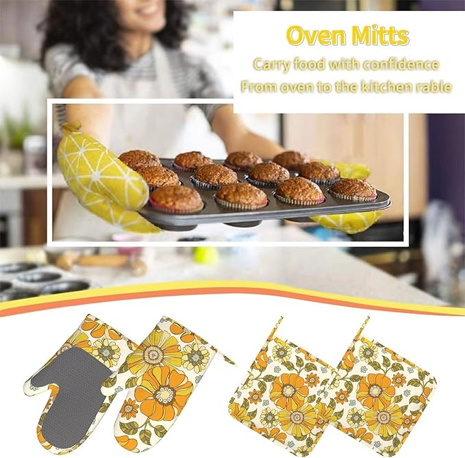Retro 70s Style Flower Oven Mitts Pot Holders Cooking Apron Set of 5 Silicone Kitchen Glove Apron Non-Slip Heat Resistant for Chef Baking Cooking Grilling BBQ