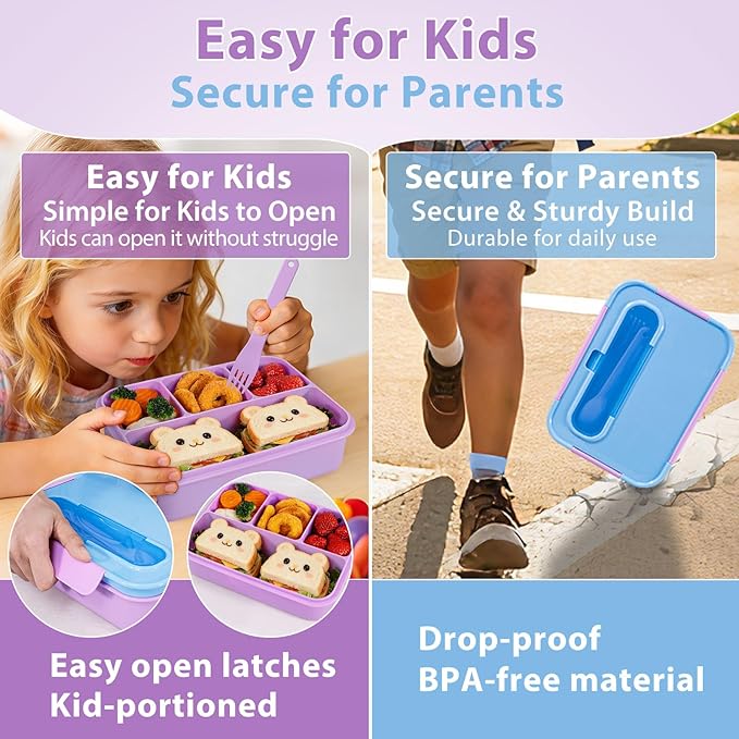 Caperci Bento Box for Kids - 50oz Larger Lunch Box Containers for Kids, Reinforced Leakproof, Built-in Sauce Cup, Utensils, 4 Compartments, BPA-Free Microwave & Dishwasher Safe (Lavender Pop)