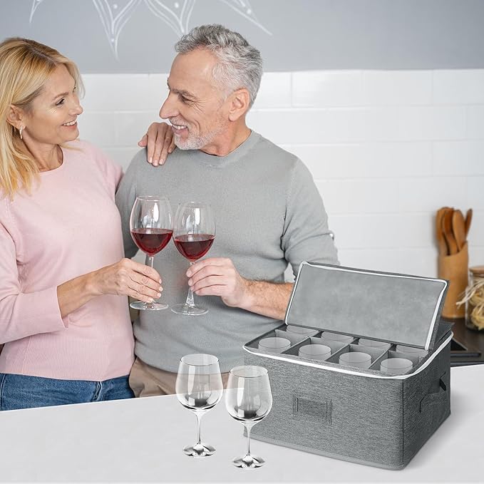 Wine Glass Storage Box for 12 Glasses - Stackable Stemware Organizer with Removable Dividers, Heavy-Duty Zippered Case & Handles | Dustproof Moving Box for Crystal, Champagne Flutes (Grey,)