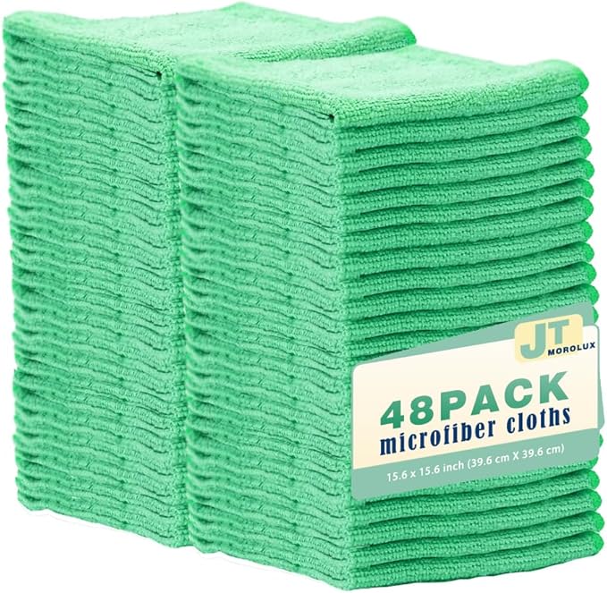 48 Pack 16'x16' Microfiber Household Cleaning Cloths - Multi-Purpose, Machine Washable, Absorbent Towels for Kitchen, Car, Home Appliances (16x16 48pk Green)