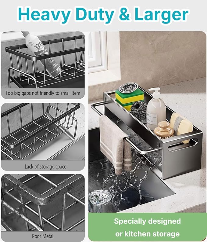 Kitchen Sink Caddy Organizer - Stainless Steel Dish Soap Brush Holder Countertop Sink Organizer for Kitchen Organizers and Storage (GreyLarge)