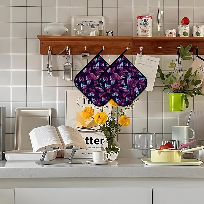 Purple Neon Butterfly Pot Holders 2 PCS,Kitchen Heat Resistant Hot Pads for Cooking Grilling Baking BBQ, Pot Holders for Women Cook Home Microwave