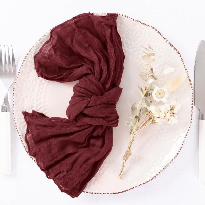 DeZerlor 20 Pack Burgundy Red Cheesecloth Napkins Spring Cloth Napkins Set of 20 Burgundy Dinner Napkins Bulk 21x21 Inches for Wedding Bridal Shower Baby Shower Parties