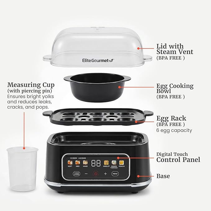 Elite Gourmet Digital Egg Cooker, 6 Egg Capacity, Soft/Medium/Hard Boiled, Onsen Tamago, Poach & Omelet, One-Touch Menu, Audible Alert On/Off, Auto Shut-Off, Black