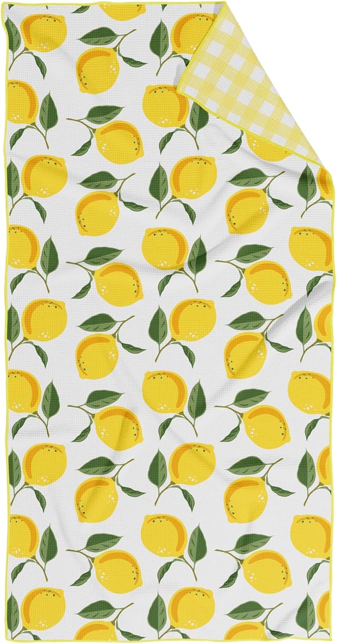 HALL & PERRY Kitchen Tea Towel, Ultra Soft, Quick Dry Microfiber Dish Cloths - 18"x30" Premium Quality Waffle Towel - Stripes and Plaid, Lemon Yellow & Checks (1, Reese)