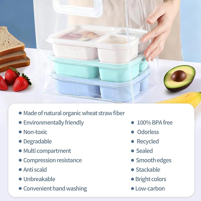 Bento Box Adult Lunch Box - 3 Pack,3-Compartment Leak-Proof Bento Boxes Ideal Portion Sizes for Kids , Reusable Food Storage Snack Containers,Microwave and Dishwasher Safe & Food-Safe Materials (blue)