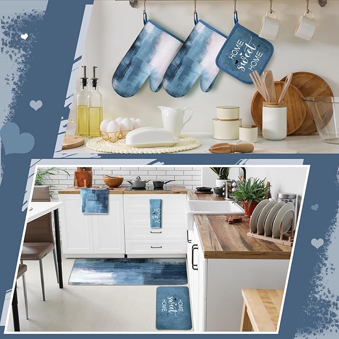 Fourluoo 10 Pcs Blue and Grey Kitchen Decor Oven Mitts and Pot Holders Kit Grey White Dish Towels Kitchen Rugs Modern Abstract Geometric Pattern Oven Glove for Home Decor Baking Cooking Birthday Gift