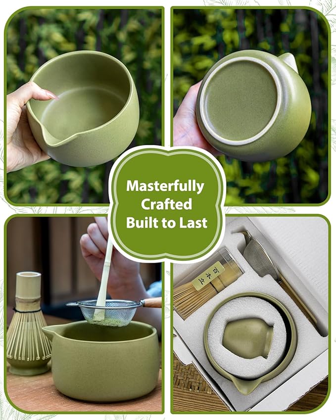 20OZ Matcha Whisk Set - 5PCS Japanese Tea Set Includes Matcha Bowl with Spout, Bamboo Whisk with Ceramic Holder, Bamboo Scoop and Sifter, Matcha Kit for Ceremony, Gift for Matcha Lovers (Matcha Green)