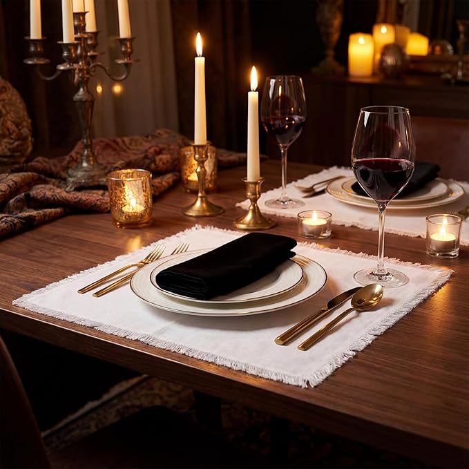 17 X 17 Inches White Placemats Set of 2 Table Mats Set of 2, Farmhouse Cotton Linen Place Mats Home Kitchen Decor Placemats Dining Table for Wedding, Anniversary, Daily Use Washable Easy Clean