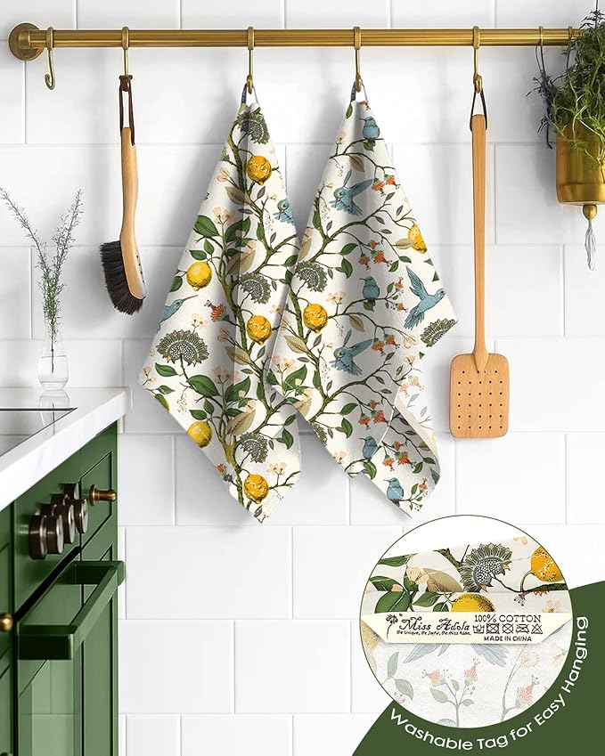 Miss Adola Flour Sack Kitchen Towels Set of 2-18x26 Cotton Dish Towels with Hanging Loop Reusable Tea Towel for Cleaning Spring Absorbent Dishcloths Cute Home Decor Housewarming, Lemon Birds