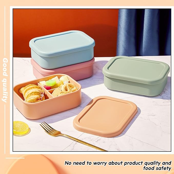 Layhit 2 Pcs Silicone Bento Box for Adults, 27 oz Bento Lunch Container Reusable 3 Compartment Lunchable Food Container for Women Men, Leak Proof Microwave Dishwasher Freezer Safe (Orange, Gray Blue)