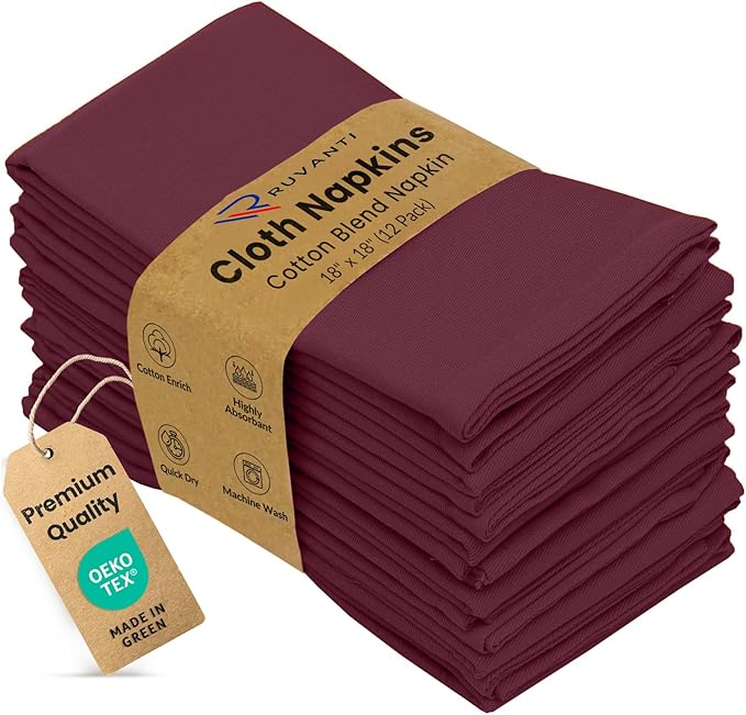 Ruvanti Cloth Napkins Set of 12, 18x18 Inches Napkins Cloth Washable, Soft, Durable, Absorbent, Cotton Blend. Table Dinner Napkins Cloth for Hotel, Weddings, Dinner, Christmas Parties - Burgundy