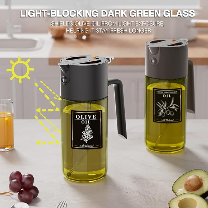 2-IN-1 500ml/17oz Light-Blocking Dark Oil Sprayer for Cooking with Sticker, Dark Green Glass Olive Oil Dispenser Bottle for Kitchen, Even Spray with Portion Control, Perfect for Air Fryer, BBQ - Black