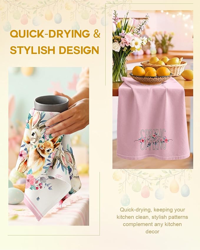 Miss Adola Easter Kitchen Towels Set of 2 - Flour Sack Tea Towels with Hanging Loop 18x26 Inch Spring Rabbit Pink Flowers Hand Dish Cloths Reusable Dishcloths Cute Easter Decor