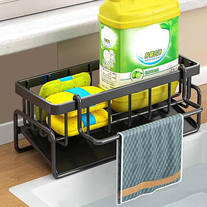 Sponge Holder for Kitchen Sink with Rag Holder, Kitchen Countertop Organizers and Storage Essentials, Rustproof Carbon Steel, Soap Dispenser Organize (Black)