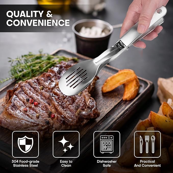 Nezylaf 10.8 Inch 304 Stainless Steel Cooking Tongs, Metal Kitchen Tongs with Oil Drain Holes & Spring Rebound, Anti-Slip Handle for Grilling BBQ Salad Serving