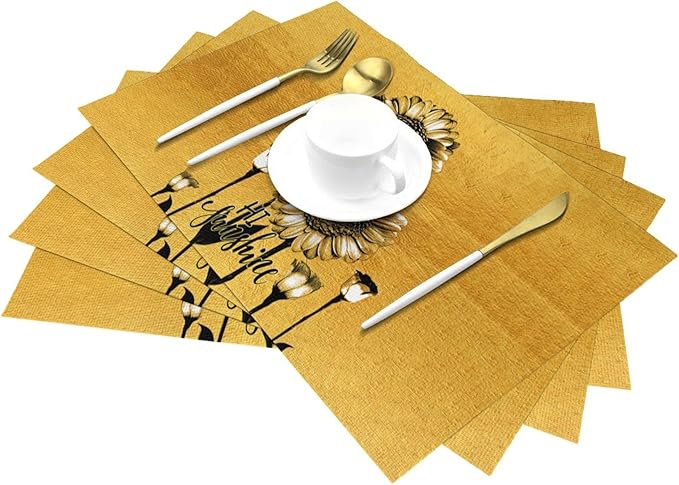 Sunflower Placemats Set of 4, Summer Table Mats for Dining Table, Heat Resistant Washable Linen Gold Place Mats for Kitchen Party Home Farmhouse Decor 12x18 Inch