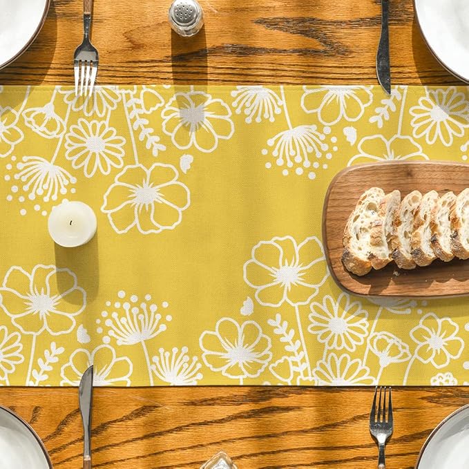 Artoid Mode Yellow Bloom Flowers Butterfly Spring Table Runner, Seasonal Holiday Kitchen Dining Table Decoration for Home Party Indoor 13x36 Inch