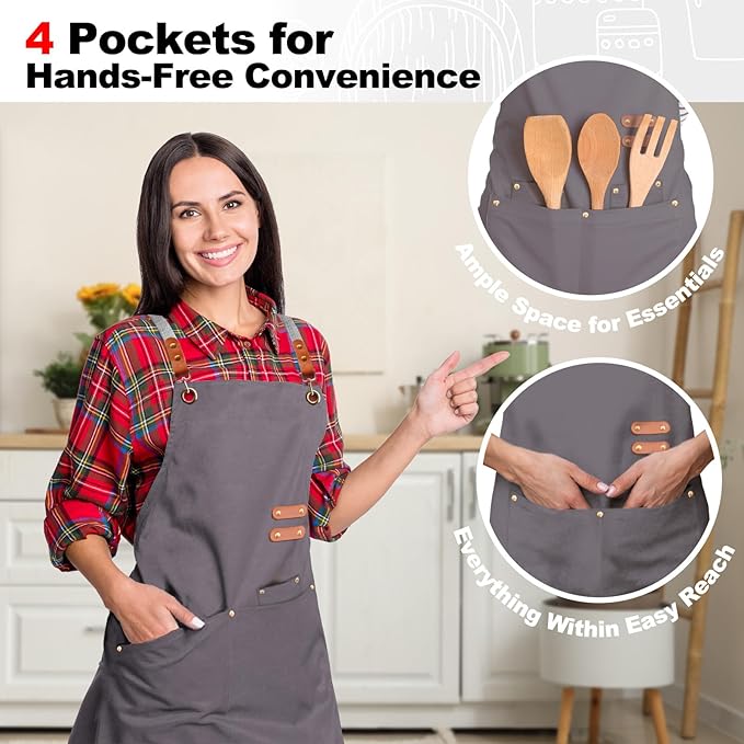 BeLuyi chef apron bib tool apron for man woman cross back straps with 4 pockets for kitchen cooking gardening baking working