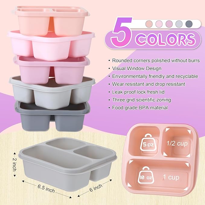 Honeydak 5 Pack Snack Containers 3 Compartment Bento Snack Boxes Divided Meal Prep Containers with Lids Reusable Adults Lunch Food Storage Box for School Work Travel(Pink Gray)