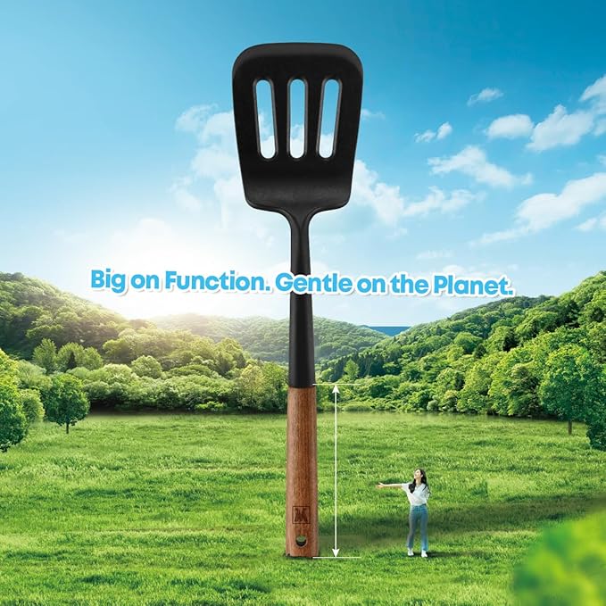 WAGENSTEIGER Set of 2pc Silicone Cooking Utensils: Wooden Handle Slotted Spatula + Cooking Ladle, Heat Resistant Cooking Utensil, BPA Free, Protects Surfaces with Gentle Head Design