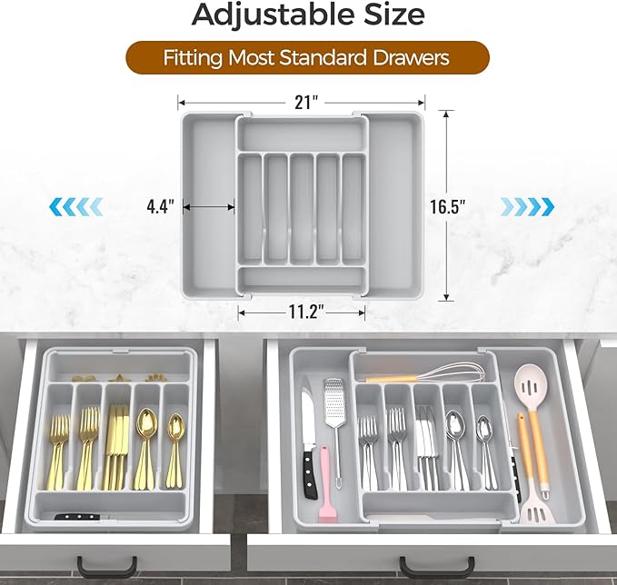 ukeetap Extra Large Expandable Silverware Organizer, BPA-Free Food-Safe Cutlery Flatware Organizer, Kitchen Utensil Drawer Organizer, Adjustable Silverware Holder for Spoons Forks Knives, Gray