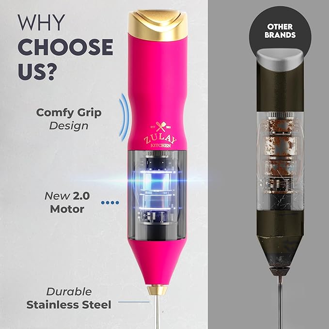 Zulay Kitchen Powerful Frother Wand AA Batteries Included, Ultra Fast Handheld Drink Mixer, Comfort Milk Frother, Stainless Steel Whisker, Frother Handheld for Coffee, Protein & Matcha - Frothmate 2.0