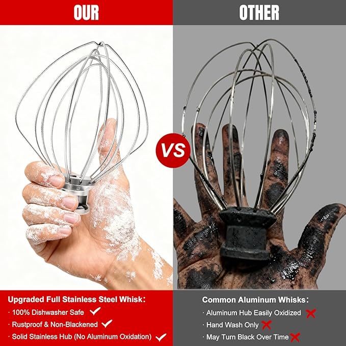Dishwasher Safe K45WW Wire Whip for Kitchenaid Whisk Attachment 4.5QT-5QT Tilt-Head Stand Mixer,-All Stainless Steel Kitchen aid Whisk Attachment for Cream, Frostings, Cakes