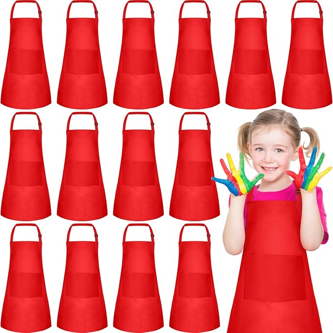 PLULON 15Pcs Kids Aprons Bulk Painting Apron for Kids, Paint Art Apron Adjustable Children Chef Aprons with 2 Pockets for Girls Boys Painting Baking Cooking Crafsting (Red)