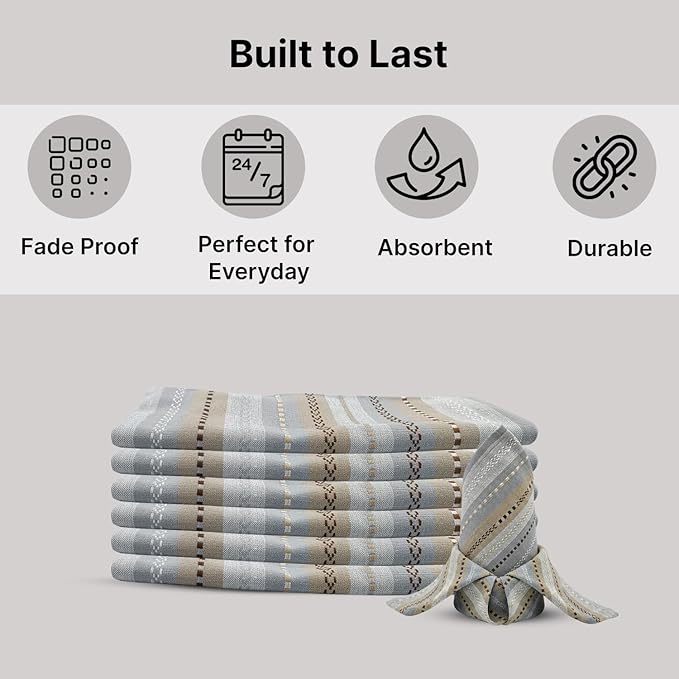 LFH Home Cotton Rich Cloth Salsa Napkin Set of 6 Washable Soft Durable Striped Table Napkins for Dining Wedding, Daily Use Reusable Eco-Friendly Napkins for Elegant Table Settings(18x18)-Grey