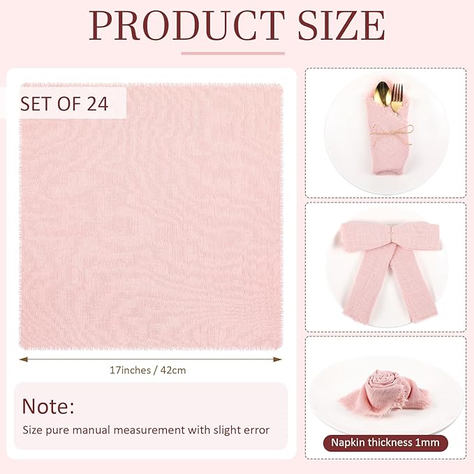 Preboun 24 Pcs Fringe Napkins Bulk Cloth Cotton Soft 17 x 17 Inch Rustic Reusable Washable Festive Square Table Napkins with Fringe for Parties Wedding Restaurant Table Accessory (Dusty Rose)